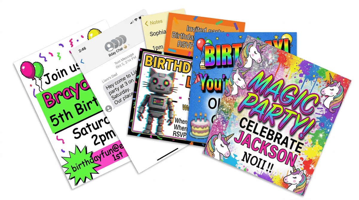 Old birthday invitation methods β ChatGPT images, Evites, dollar store cards, group chat texts